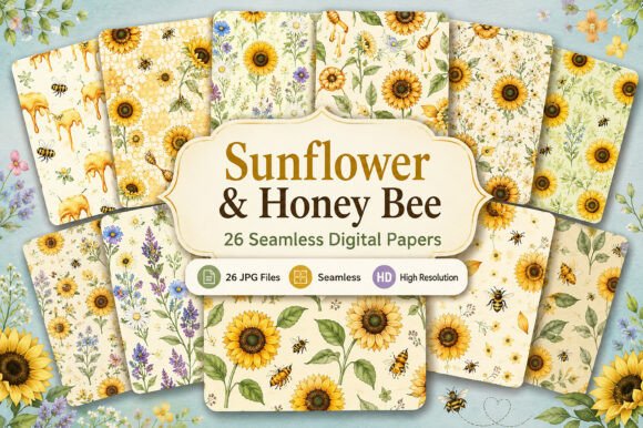 Download Sunflower &amp; Honey Bee Digital Paper Set - Digital paper set Collection